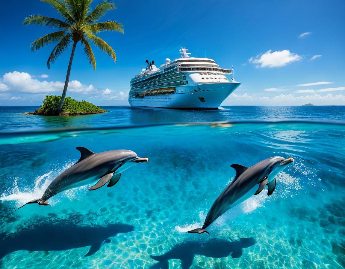A vibrant cruise ship sailing on a sparkling blue ocean, with a diverse crew in dynamic uniforms interacting on deck, showcasing teamwork. In the background, an exotic tropical island and a clear blue sky, embodying the adventure theme. Include playful sea animals like dolphins jumping nearby, symbolizing opportunity and excitement. super-realistic. vibrant colors. 3D.