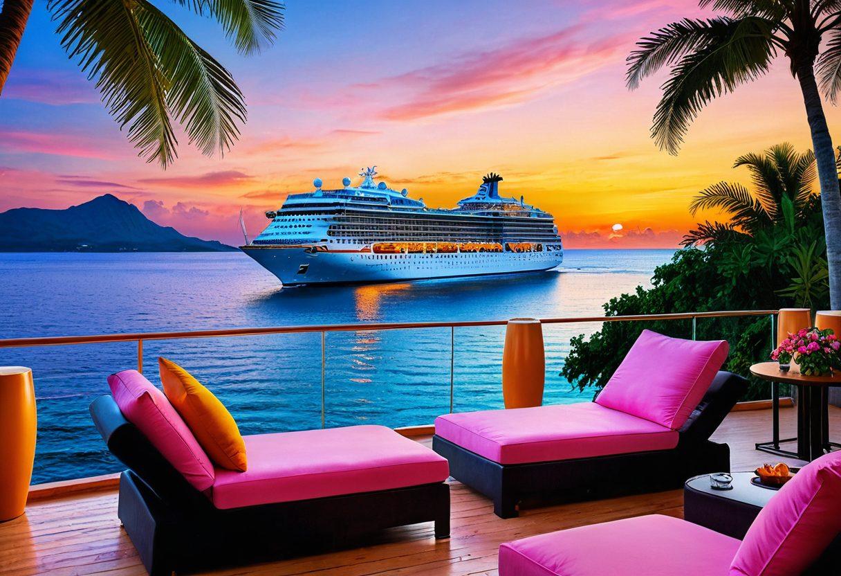 A vibrant cruise ship sailing through crystal clear azure waters, with a backdrop of tropical islands and a sunset sky filled with warm oranges and pinks. Show diverse individuals on the deck, engaged in various activities like networking and enjoying drinks, symbolizing camaraderie and opportunity. Add elements of luxury, like palm trees and lounge chairs, to emphasize an exciting career journey. super-realistic. vibrant colors. sunset background.