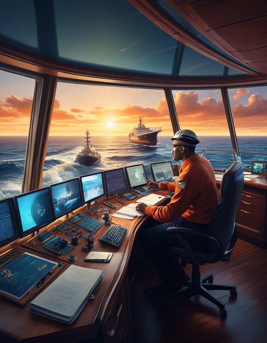 A journey illustrated through a maritime career, showing a diverse range of roles from a deckhand on a ship to a confident director in an office overlooking the ocean. Include visual elements like a ship, the ocean, and a skyscraper with a panoramic view. The transitions between roles can be represented through subtle waves and nautical symbols. Captivating sunset lighting to symbolize growth and ambition. vibrant colors. digital art.